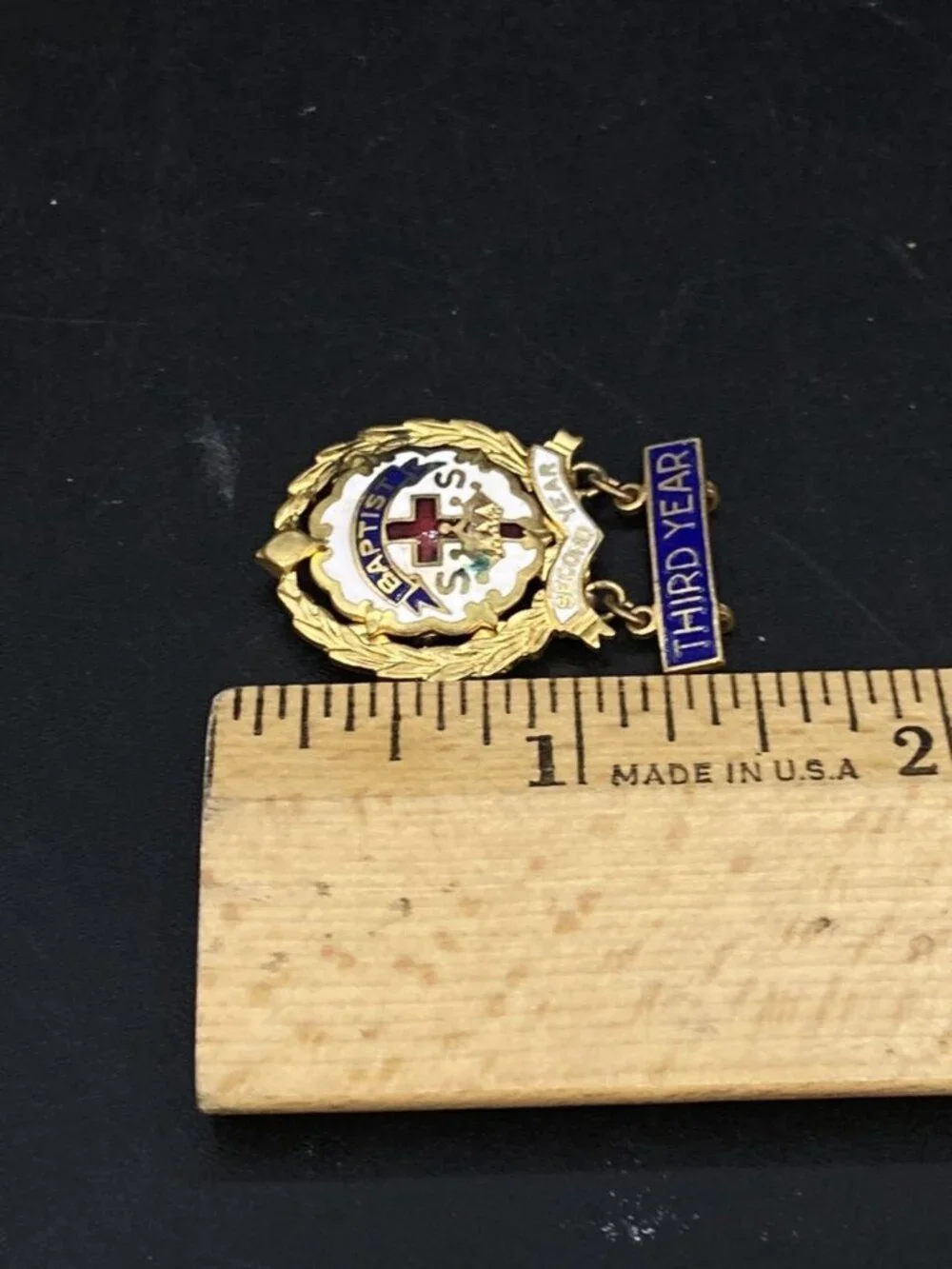 Baptist Sunday School 3rd Year Pin Little System Cross & Crown by Uncas